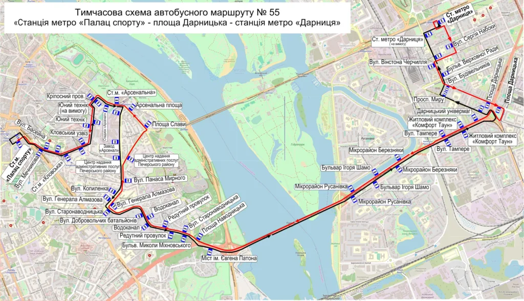 Автобус 55 в Києві – розклад, маршрут, зупинки, схема руху